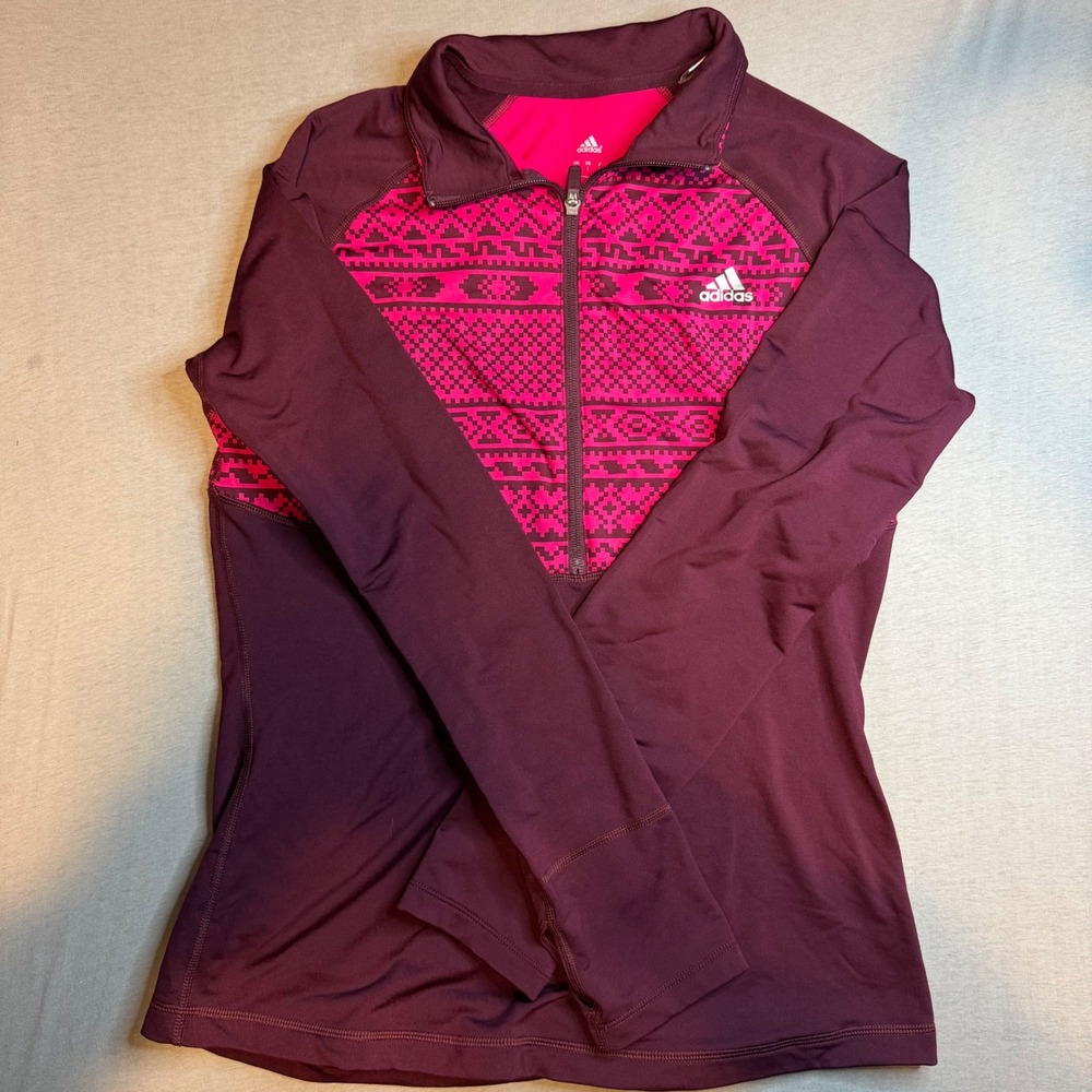 Adidas Climawarm Womens Quarter Zip Pullover Burgundy Pink Geometric Large‎